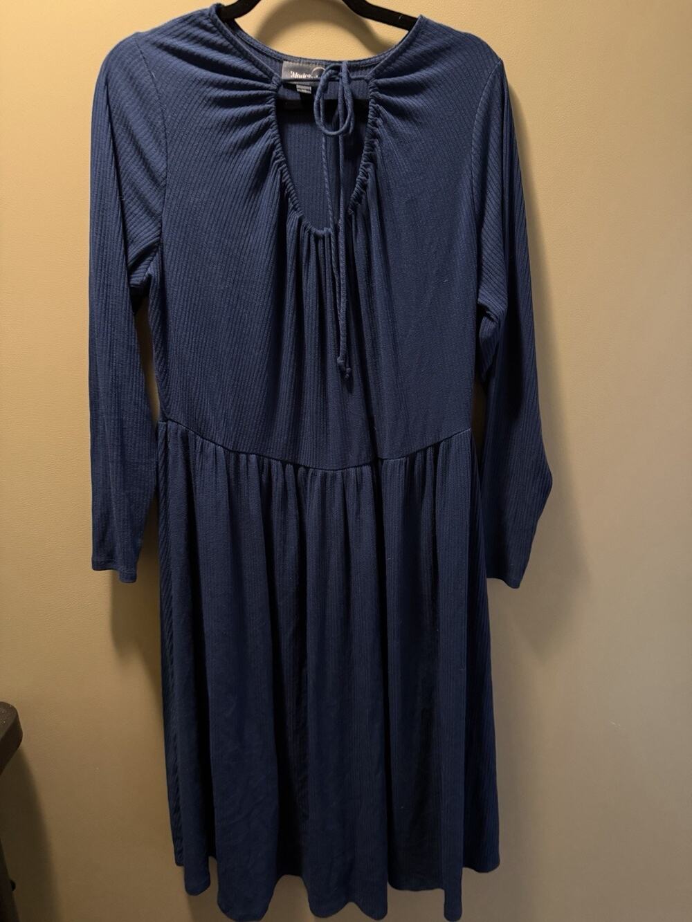 ModCloth Dress Plus Size 1X Blue Tie Neckline Long Sleeve Stretch Knit